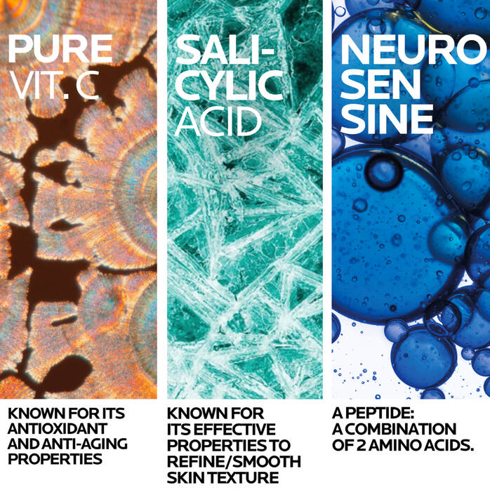 Three vertical panels showcasing 'Pure Vit C', 'Salicylic Acid', and 'Neuro Sensine' with corresponding descriptions.