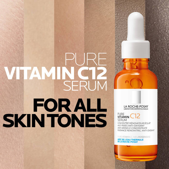 La Roche-Posay Pure Vitamin C12 Serum bottle on a skin-toned background
