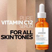La Roche-Posay Pure Vitamin C12 Serum bottle on a skin-toned background