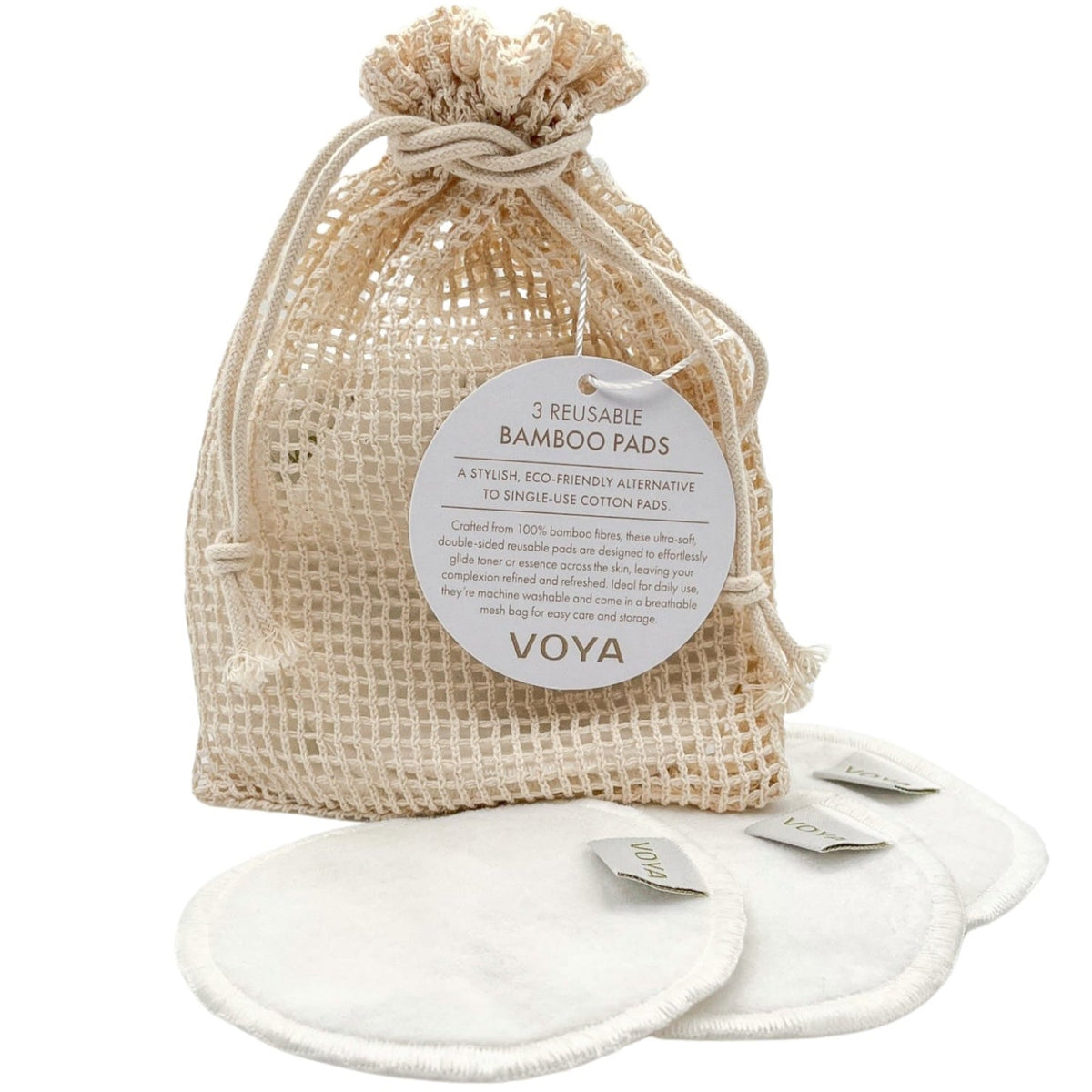 Voya bamboo pads in a woven drawstring bag on a white background